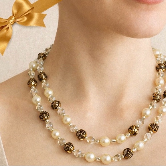 Vintage Jewelry - Vintage Gold Rose & Pearl Bead Long Necklace